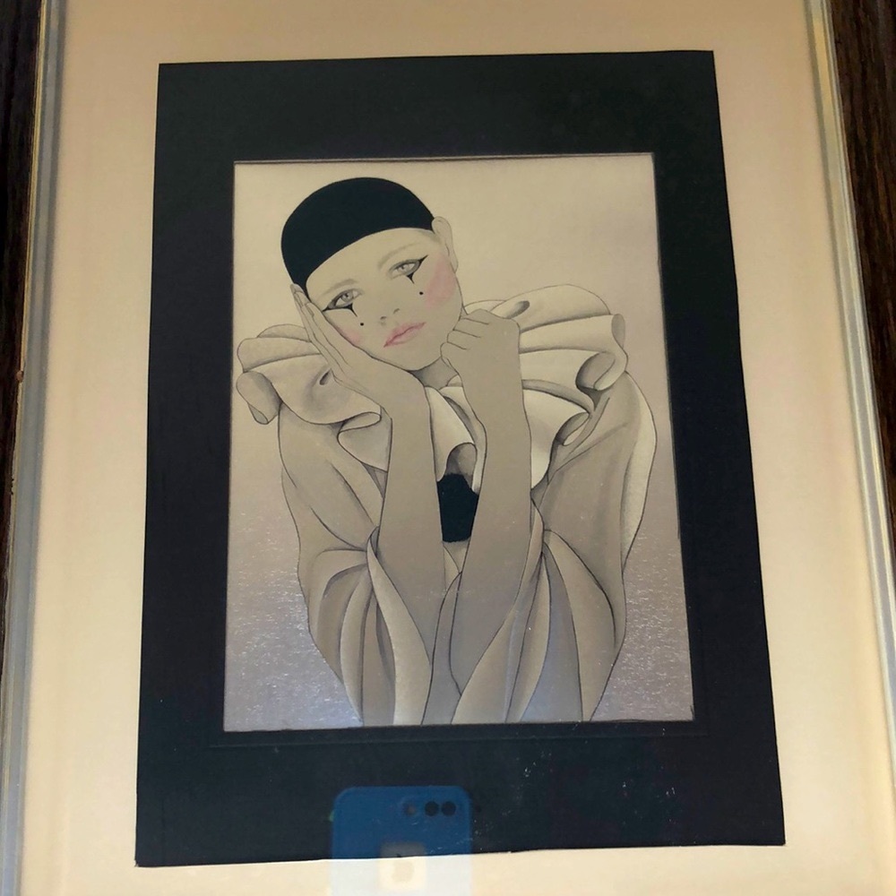 Pierrot Pretty Clown framed, metallic background, black Matt, glass art 1980’s.